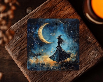 Stone Coaster Set of 4 Moon Witch, Art Beverage Coasters, Celestial Magic Tableware, Mystical Witchcore Decor, Fantasy Gift Idea