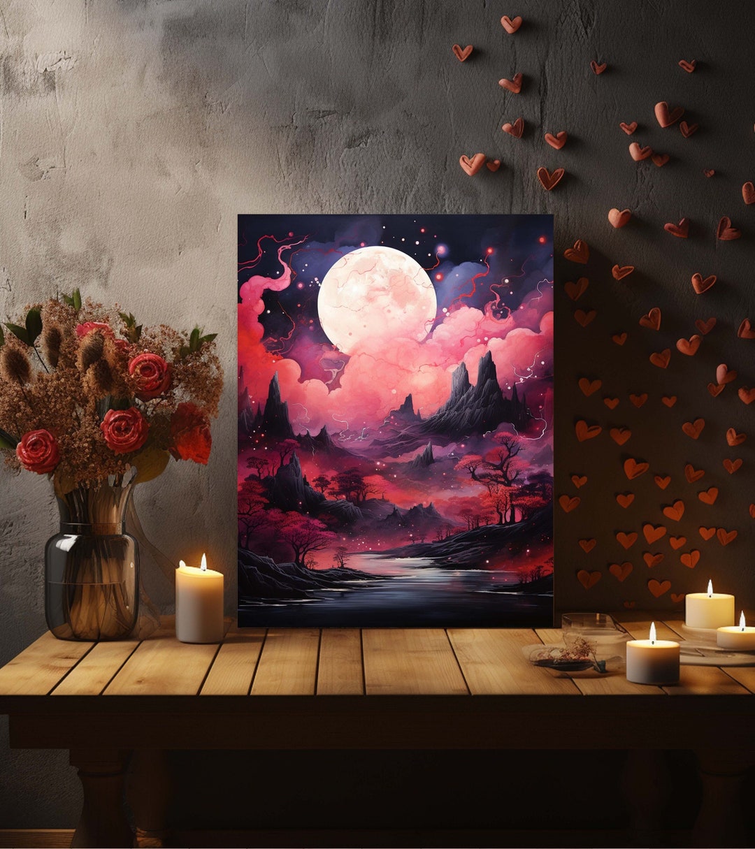 Mystical Valentine Canvas Art Landscape, Pink and Purple Canvas Wall Art, Pink Night Canvas