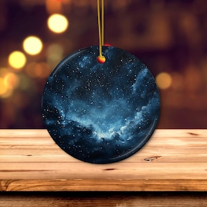 Dark Blue Night Sky Ornament, Starry Night Back to Back Printed Ornament with Gold String, Mystical Celestial Art Decor, Cosmic Holiday Gift