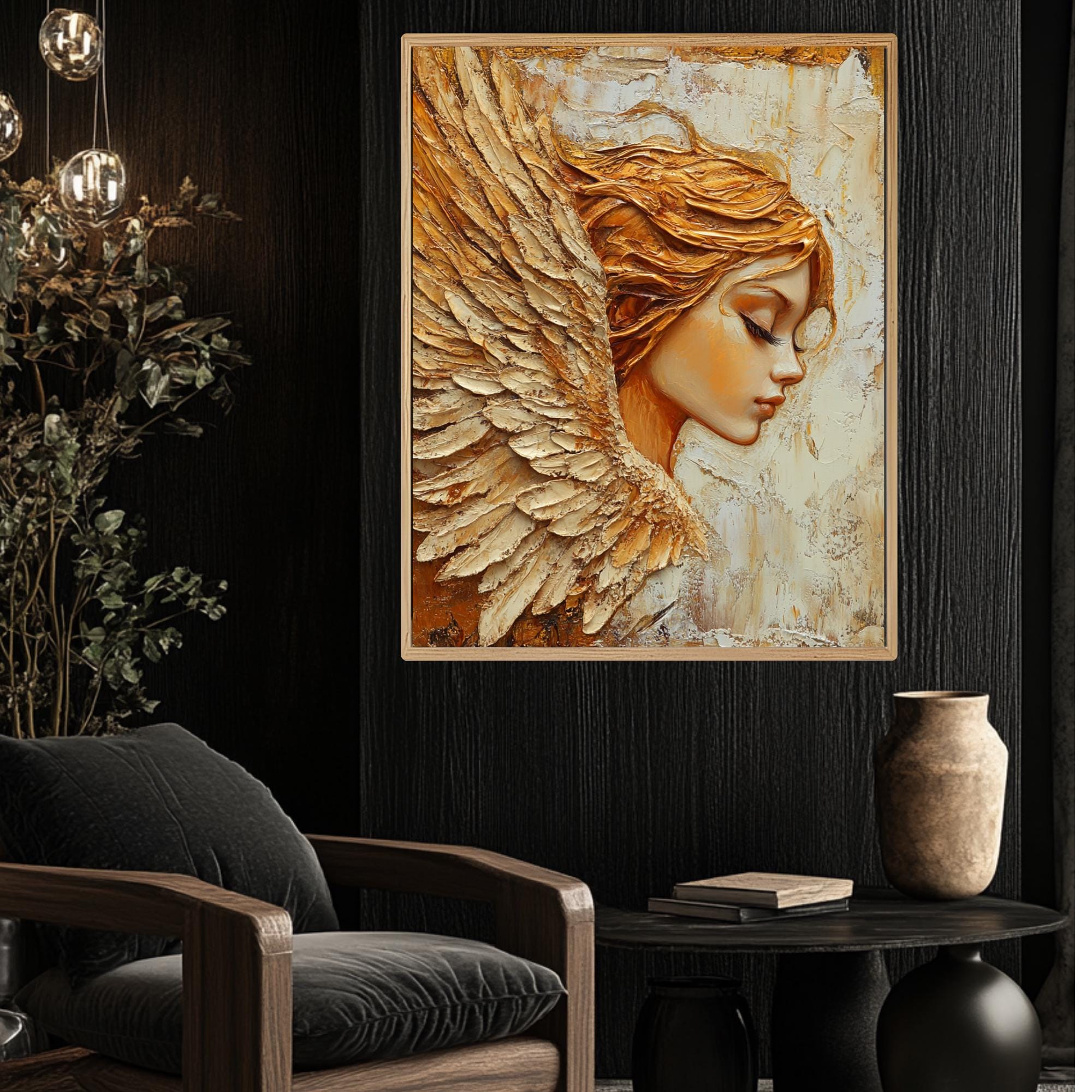 Golden Angel Wall Art, Natural Wooden Framed Canvas, Textured Spiritual