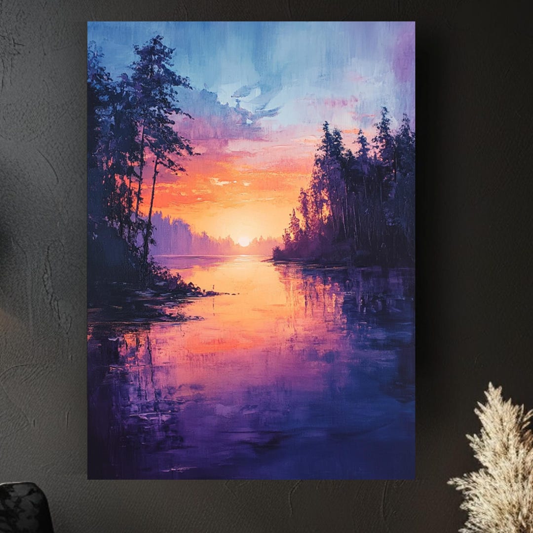 Sunset Lake Wall Art, Vibrant Forest River Canvas, Purple and Orange ...