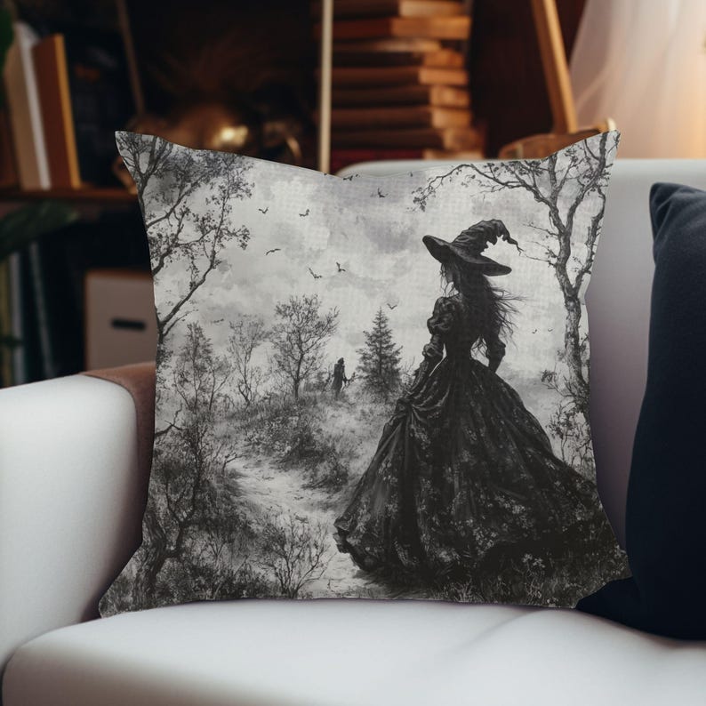 Gothic Witch Pillow, Black and White Forest Landscape Cushion with Mystical Witch Silhouette, Dark Fantasy Pillowcase image 5