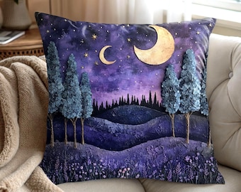 Purple Moonlit Forest Landscape Pillow, Celestial Night Sky Accent Pillow, Dreamy Moon And Stars Throw Pillow, Fantasy Woodland Home Decor
