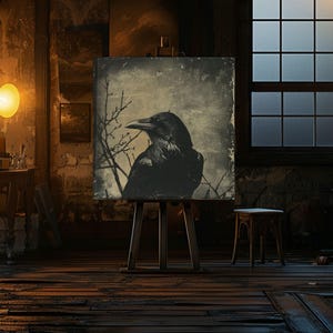 Mystical Raven Canvas Wall Art, Black Crow Canvas Wall Art, Raven Art, Bird Portrait Wall Decor, Gothic Crow Canvas Art, Ready To Hang Decor