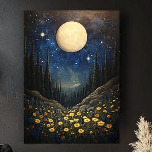 Enchanting Moonlit Meadow Wall Art, Enchanted Night Sky Canvas, Dreamy Forest Mystical Print, Celestial Landscape Decor, Starry Night Art