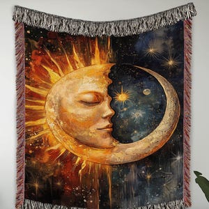 Sun and Moon Cotton Blanket, Mystic Woven Throw Blanket, Celestial Woven Blanket, Living Room Couch Bed Blanket, Blanket for Movie Night