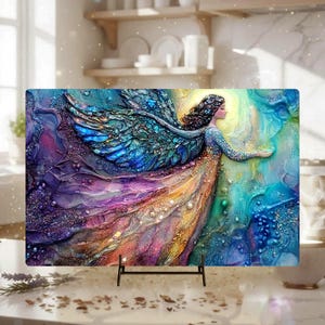 Radiant Guardian Angel Glass Cutting Board, Celestial Kitchen Art, Mystical Serving Tray, Spiritual Glass Countertop Art, Ethereal Gift Idea