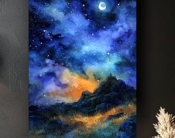 Mystieke nachtelijke hemel kunst aan de muur, aquarel maan en sterren canvas, decor hemellandschap, vredige slaapkamer print, cadeau voor dromers