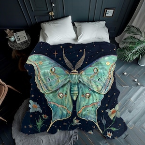 Luna Moth Cottagecore Blanket Throw, Ethereal Mystical Butterfly Velveteen Blanket, Magical Gift, Luna Moth Gift, Butterfly Throw Blanket image 1