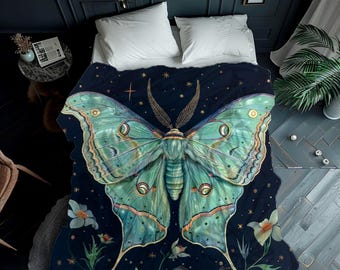Luna Moth Cottagecore Blanket Throw,  Ethereal Mystical Butterfly Velveteen Blanket,  Magical Gift,  Luna Moth Gift, Butterfly Throw Blanket
