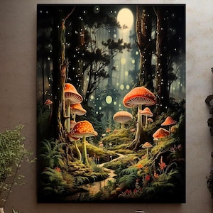 Pilz Wald Leinwand Wand Kunst Druck, Pilz Dekor, Magischer Wald Wandbehang, Verzauberte Wald Dekoration, Magische Pilze Botanische Kunst
