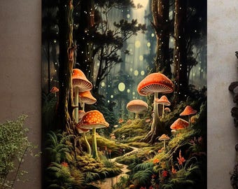 Mushroom Forest Canvas Wall Art Print, Mushroom Decor, Magical Forest Wall Hanging, Enchanted Forest Decor, Magic Mushrooms Botanical Art