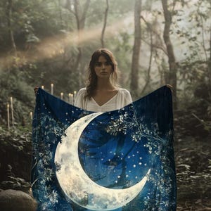 Mystical Moon Velveteen Blanket, Moon Art Sherpa Blanket, Cozy Throw Celestial Design image 3