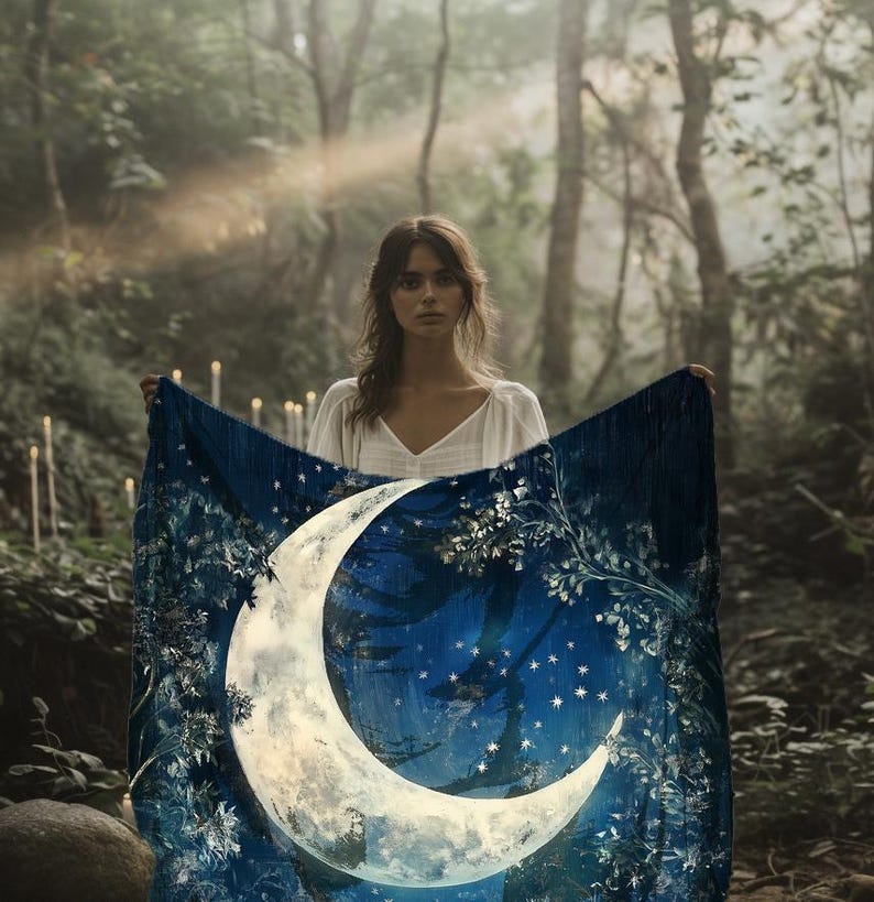 Mystical Moon Velveteen Blanket, Moon Art Sherpa Blanket, Cozy Throw Celestial Design image 3