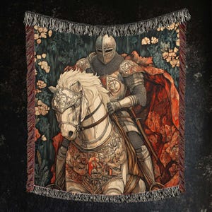 Coperta tessuta con cavaliere a cavallo, coperta con motivo guerriero medievale, coperta con arazzo eroe fantasy, decorazione per letto o divano con armatura gotica, mito antico