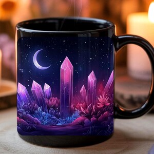 Crystal Moon Forest Black Mug, Wrap Around Celestial Gem Design, Cosmic Gift For Her, Dreamy Crystal Mug, Mystic Garden Print Tea Cup