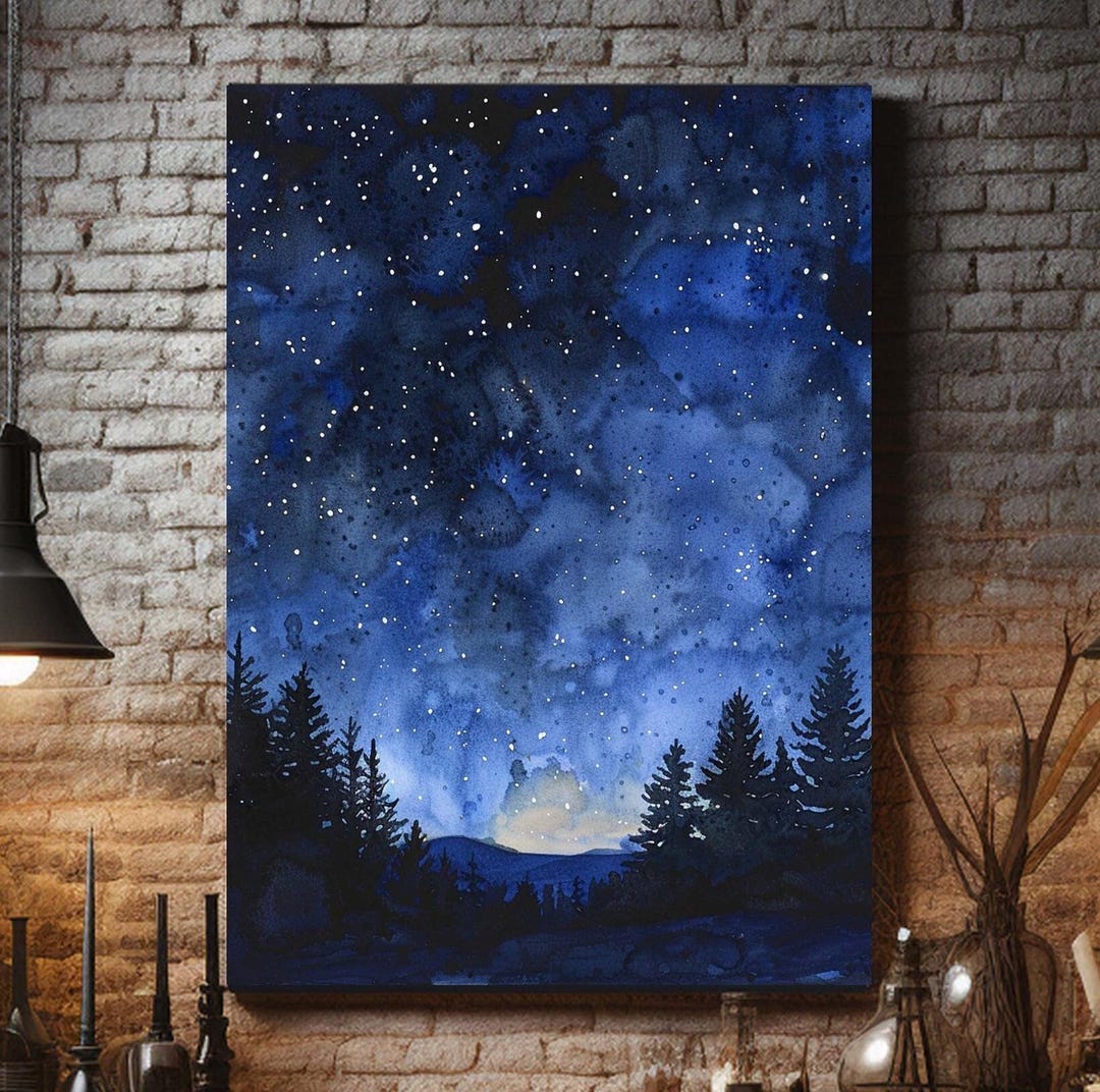 Starry Night Canvas, Night Sky Watercolor Canvas Art, Mountains Wall ...