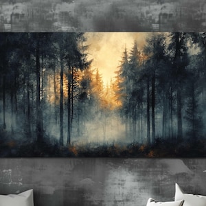 Misty Forest Sunrise Canvas Art: Rustic Woodland Print, Framed Nature Decor
