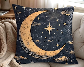 Mystical Crescent Moon and Starry Night Pillow, Celestial Sky Accent Cushion, Gothic Lunar Home Decor Throw Pillowcase Cover