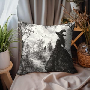 Gothic Witch Pillow, Black and White Forest Landscape Cushion with Mystical Witch Silhouette, Dark Fantasy Pillowcase image 4