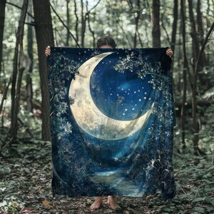 Mystical Moon Velveteen Blanket, Moon Art Sherpa Blanket, Cozy Throw Celestial Design image 2