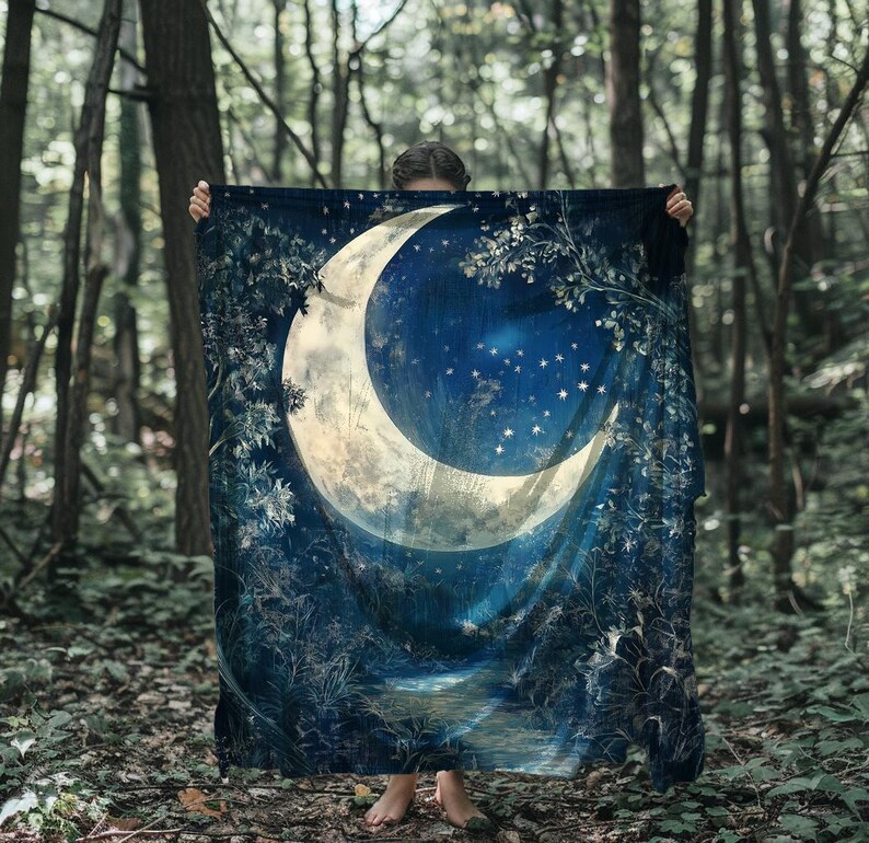 Mystical Moon Velveteen Blanket, Moon Art Sherpa Blanket, Cozy Throw Celestial Design image 2