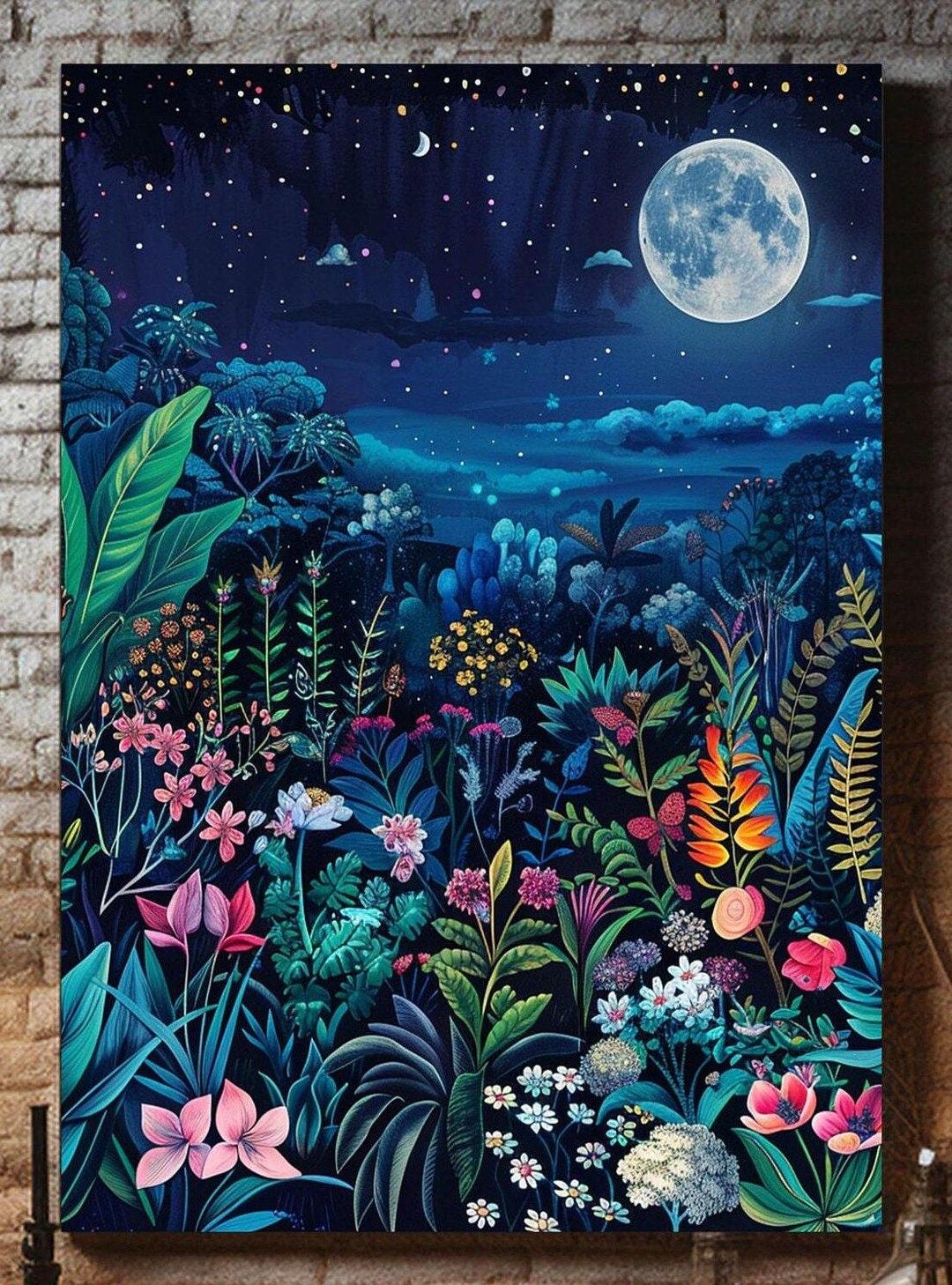 Mystical Moon and Wildflower Garden Canvas Art, Botanical Night Sky Art ...