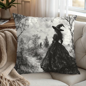 Gothic Witch Pillow, Black and White Forest Landscape Cushion with Mystical Witch Silhouette, Dark Fantasy Pillowcase