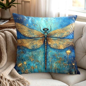 Blue Dragonfly Golden Wings Pillow, Nature-Inspired Accent Pillow, Whimsical Dragonfly Throw Pillow, Boho Turquoise Home Decor