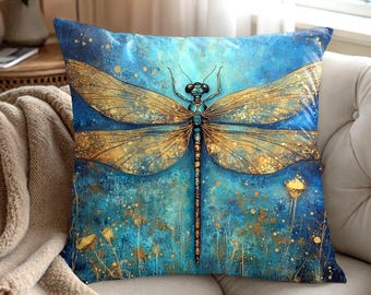 Cuscino con libellula blu e ali dorate, cuscino decorativo ispirato alla natura, cuscino decorativo con libellula stravagante, arredamento per la casa turchese boho