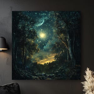 Mystical Night Forest Canvas Wall Art, Starry Sky and Crescent Moon Painting, Enchanted Twilight Landscape Print, Celestial Decor
