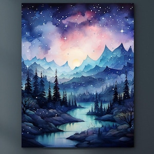 Mystic Art Starry Night Sky Canvas, Mountains Watercolor Canvas Wall Art, Celestial Sky Print, New Home Gift, Mystical Nature Wall Art,