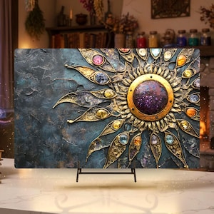 Golden Sunburst Glass Cutting Board, Boho Kitchen Decor, Celestial Glas Counter Art, Mystic Sun Serving Tray, Radiant Gift Idea