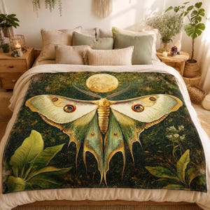 May include: A rectangular throw blanket featuring a large, detailed moth with cream and green wings centered over a dark, forest-like background. Above the moth is a glowing full moon. The blanket is spread across a bed with several pillows.