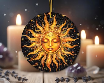 Radiant Sun Face Ornament, Double-Sided Celestial Solar Goddess Decor With Gold String, Mystical Sunburst Charm, Cosmic Spiritual Gift