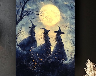 Three Witches Wall Art, Full Moon Gothic Canvas, Mystical Sisterhood Fantasy Painting, Witchy Halloween Decor, Best Gift for Magic Lovers