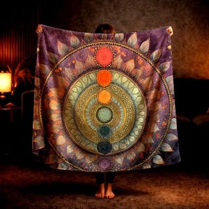 Chakra Mandala Velveteen Blanket, Spiritual Healing Sherpa Throw, Colorful Meditation Cozy Blanket, Yoga Room Boho Decor