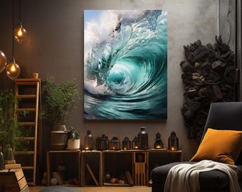 May include: A large canvas print depicts a crashing ocean wave in shades of teal and white. The artwork is displayed in a room with a dark gray wall, a black armchair, and wooden crates.