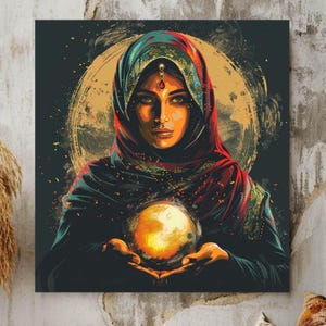 Mystic Woman Canvas Wall Art, Spiritual Oracle Print, Boho Goddess Artwork, Celestial Moon Decor, Divine Feminine Fantasy Accent