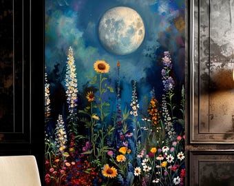 Mystical Moon and Wildflower Garden Canvas Art, Botanical Night Sky Art, Enchanting Moonlit Home Decor, Nature Mystique Wall Art