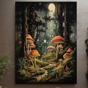 Pilz Wald Leinwand Wand Kunst Druck, Pilz Dekor, Magischer Wald Wandbehang, Verzauberte Wald Dekoration, Magische Pilze Botanische Kunst