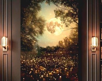 Art mural forêt mystique, toile d'art lunaire, art mural lunaire, toile d'art lucioles illuminées, toile forêt magique, toile d'art lucioles