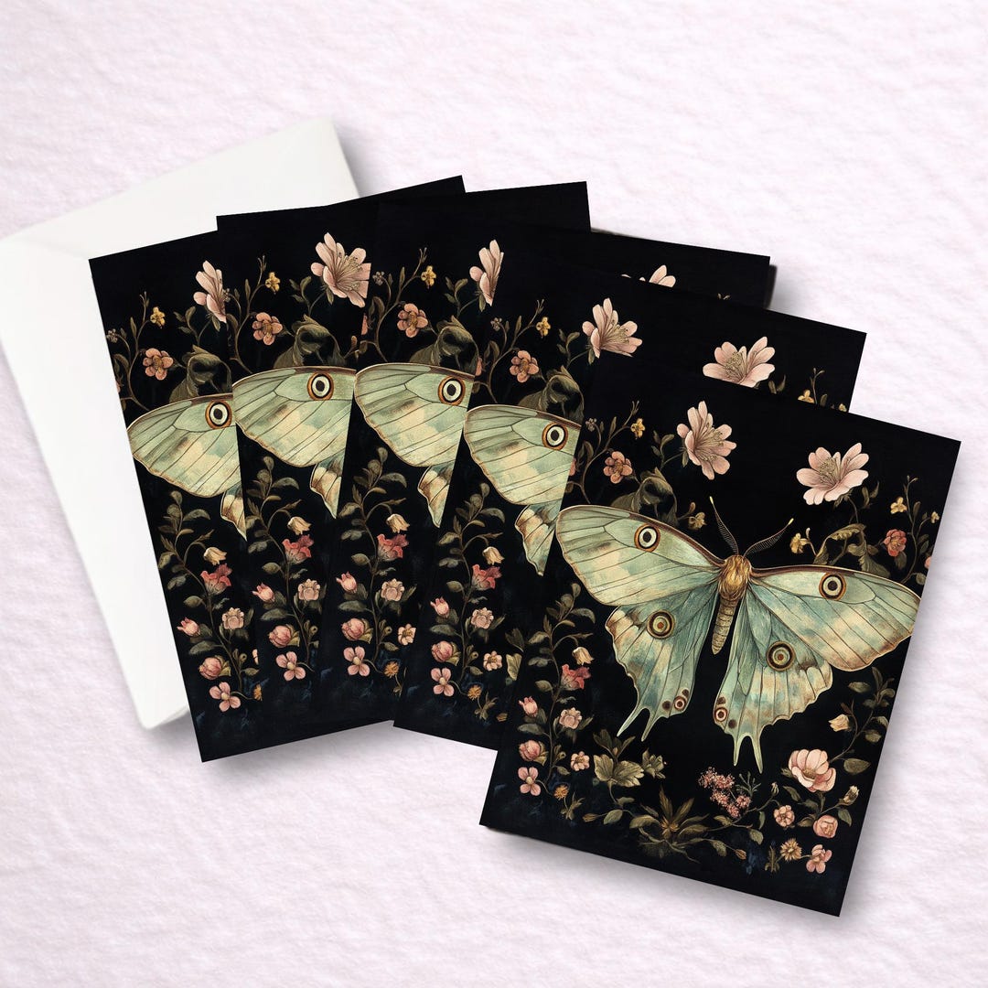 Luna Moth Greeting Card Set, Vintage Botanical Moth Art Cards, Dark ...