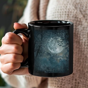Celestial Moon Black Mug, Mystical Coffee Cup, Gift for Coffee Lover, Black Ceramic Mug, Tea Cup, Kitchen Drinkware, Nature-Inspired Mug