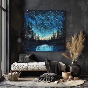 Arte mural de bosque estrellado, impresión de lago celestial, obra de arte místico y salvaje, lienzo de inspiración bohemia, elegante decoración para el hogar.