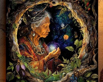 May include: A square wall art print featuring an elderly person with gray hair, wearing a patterned red and orange garment and ornate jewelry, holding a glowing light within a circular frame of twisted tree branches, leaves, and dark foliage.