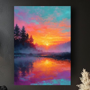 Mystical Sunset Wall Art, Enchanted Lake Reflection Canvas, Dreamy Forest Sky Print, Vibrant Nature Landscape Decor, Magical Twilight Accent