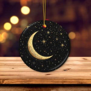 Kosmische Mondverzierung, doppelseitiger Druck, Mondszene, rundes Ornament mit goldener Schnur, mystisches Mondkunstdekor, himmlisches Weihnachtsgeschenk