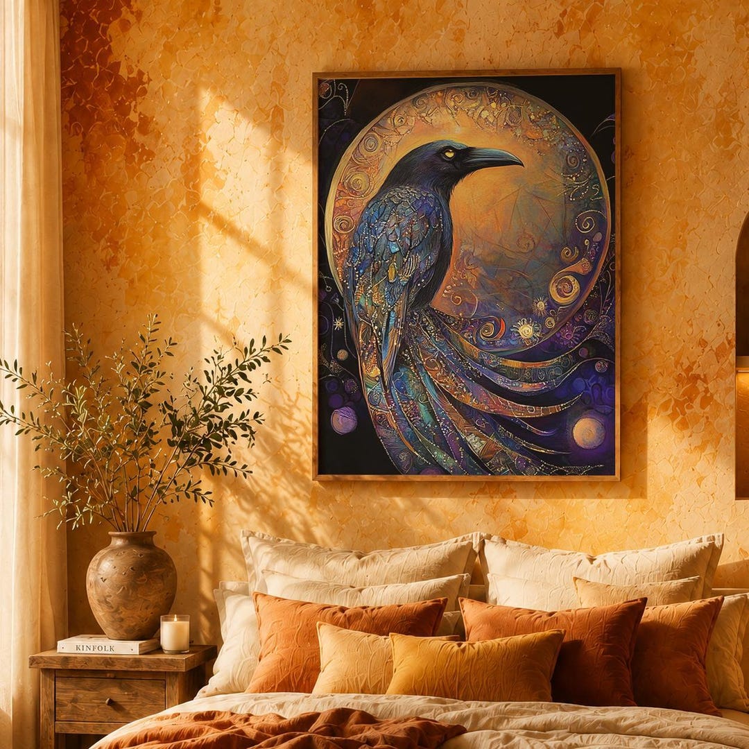 Celestial Raven Portrait Wall Art, Mystic Gothic Bird Canvas Print ...