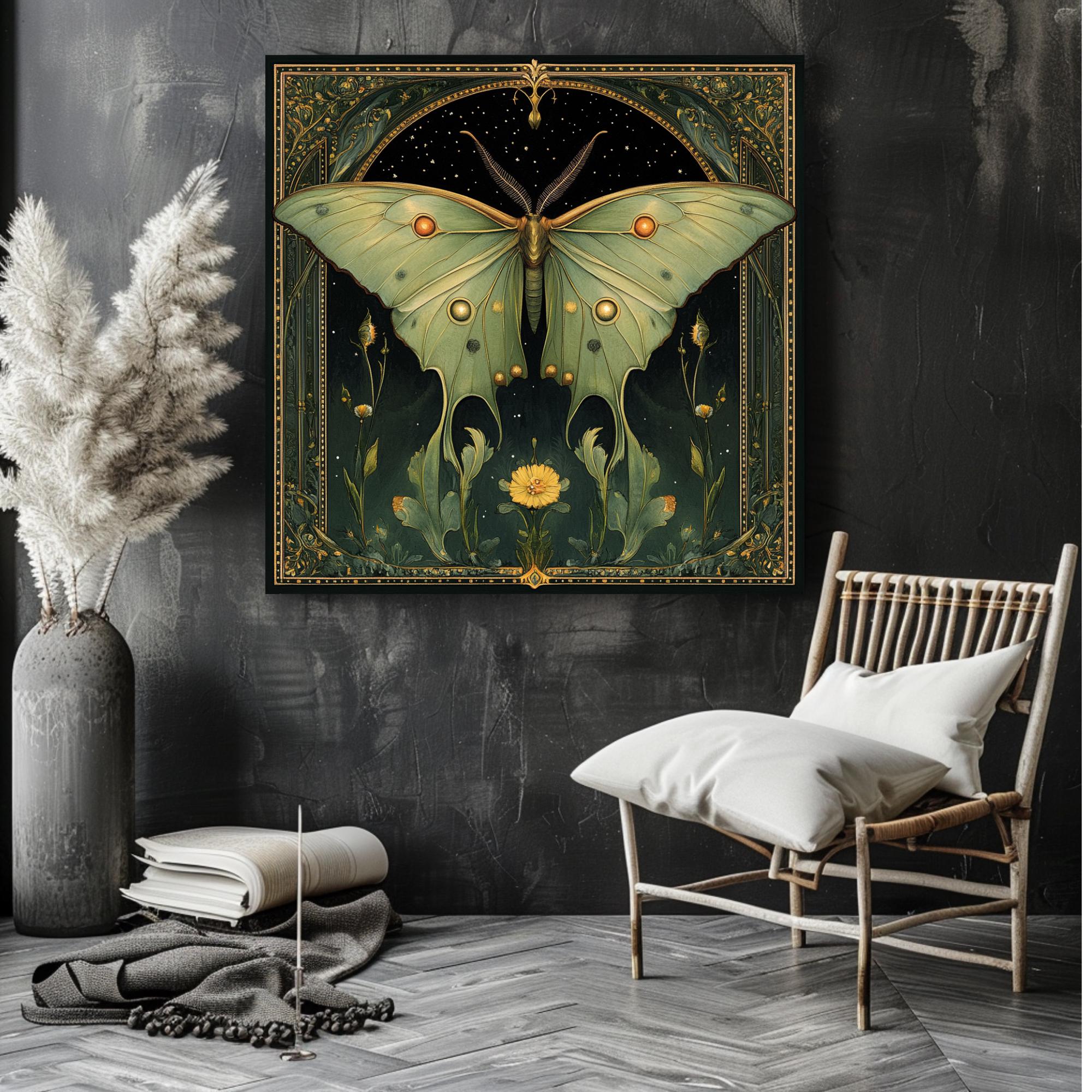 Mystical Moth Canvas Wall Art, Celestial Insect Print, Art Nouveau Luna ...